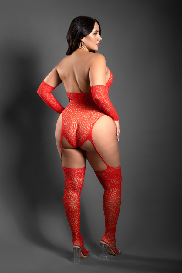Secret Rendezvous Crotchless Teddy Bodystocking & Gloves