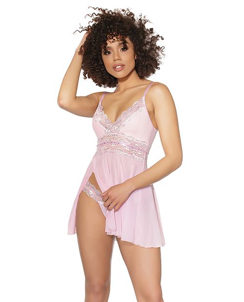 Crystal Pink Babydoll w/Lightly Padded Cups & Thong Pink/Silver