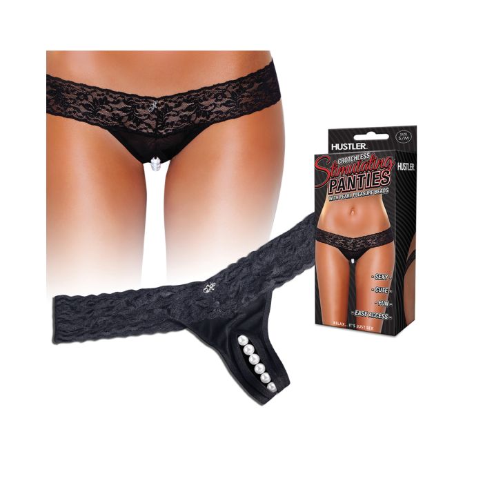 Hustler Stimulating Panties w/Pearl Pleasure Beads Black
