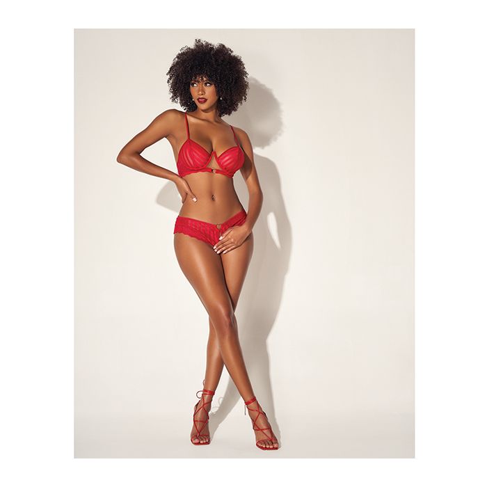 Shadow Stripe Underwire Top w/Heart Detail & Crotchless Bottom Red