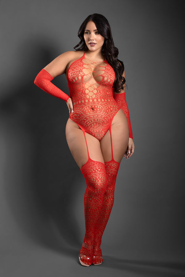 Secret Rendezvous Crotchless Teddy Bodystocking & Gloves