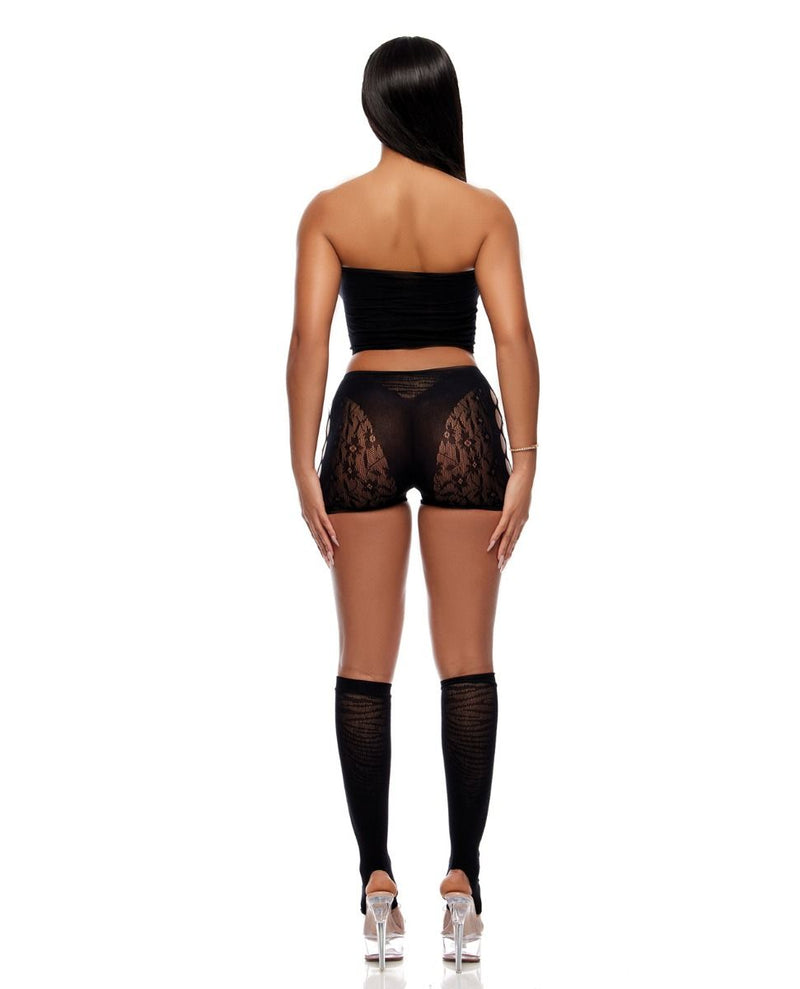 Cross Your Mind Tube Top w/Boy Short & Open Toe Socks Bodystocking - Black O/S