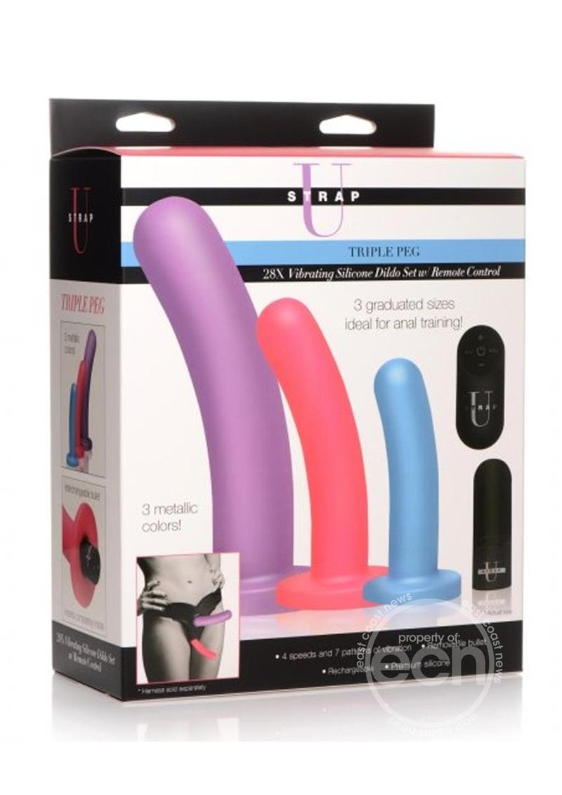 Strap U Triple Peg 28X Vibrating Rechargeable Silicone Dildo Set with Remote Control (5 piece) - Assorted Colors