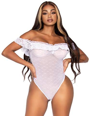 Leg Avenue Women's Lace Ruffle Off The Shoulder Teddy White O/S