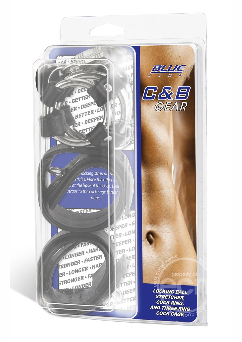 Blue Line C & B Gear Locking Ball Stretcher Cock Ring And Three-Ring Cock Cage Metal And Black