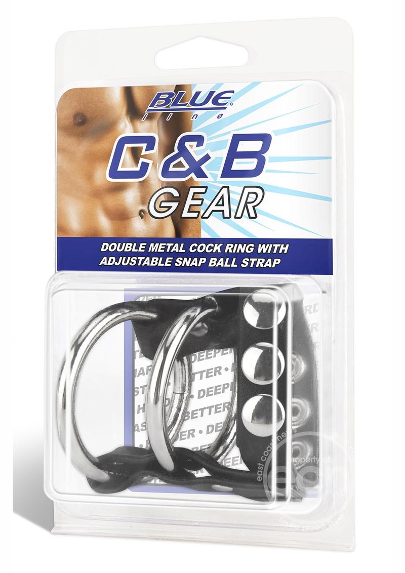 Blue Line C & B Gear Double Metal Cock Ring With Adjustable Snap Ball Strap